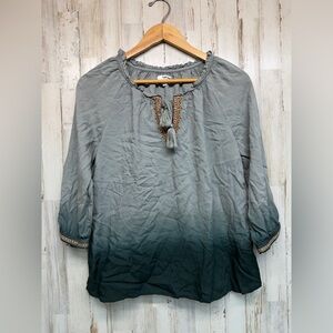 Sonoma Tunic Top Womens Size Small Green 3/4 Sleeve Embroidered Tassel Peasant